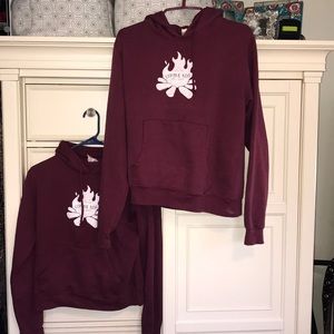 two dark red dodger sweatshirts